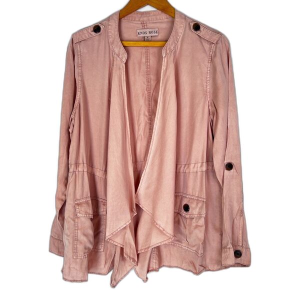 Knox Rose Pink Open Front Sharkbite Edgy Boho Layering Utility Jacket SZ Medium - Picture 1 of 11